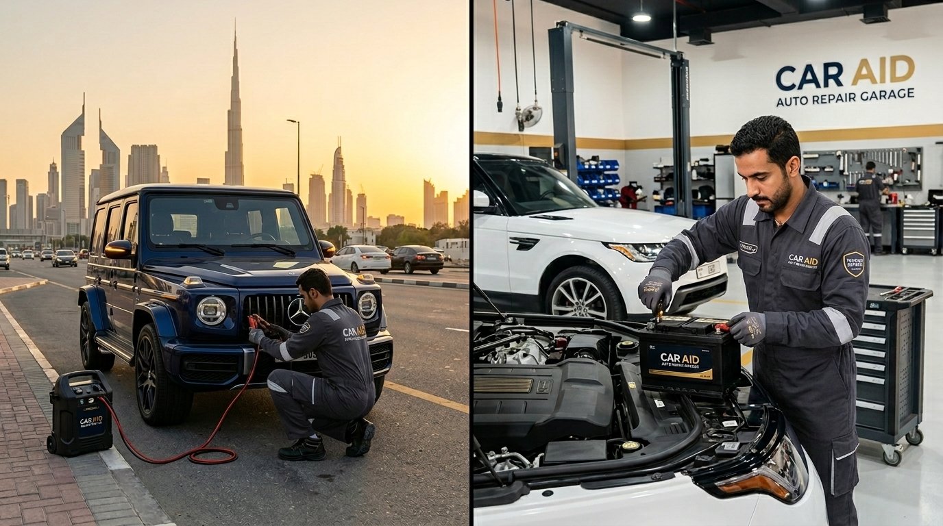 mechanic changing the card battery in garage and the second mechanic starting the car on road